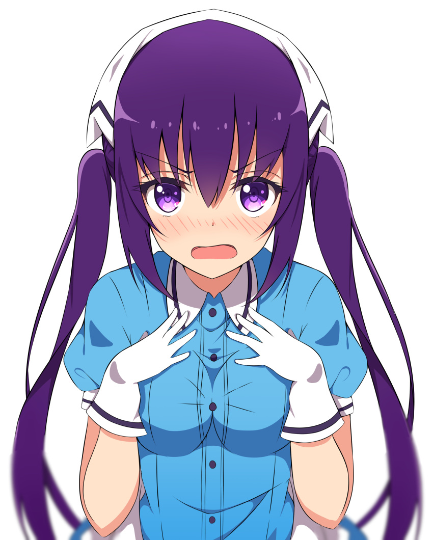 >:o, 1girl, :o, absurdres, bangs, blend_s, blue_shirt, blurry