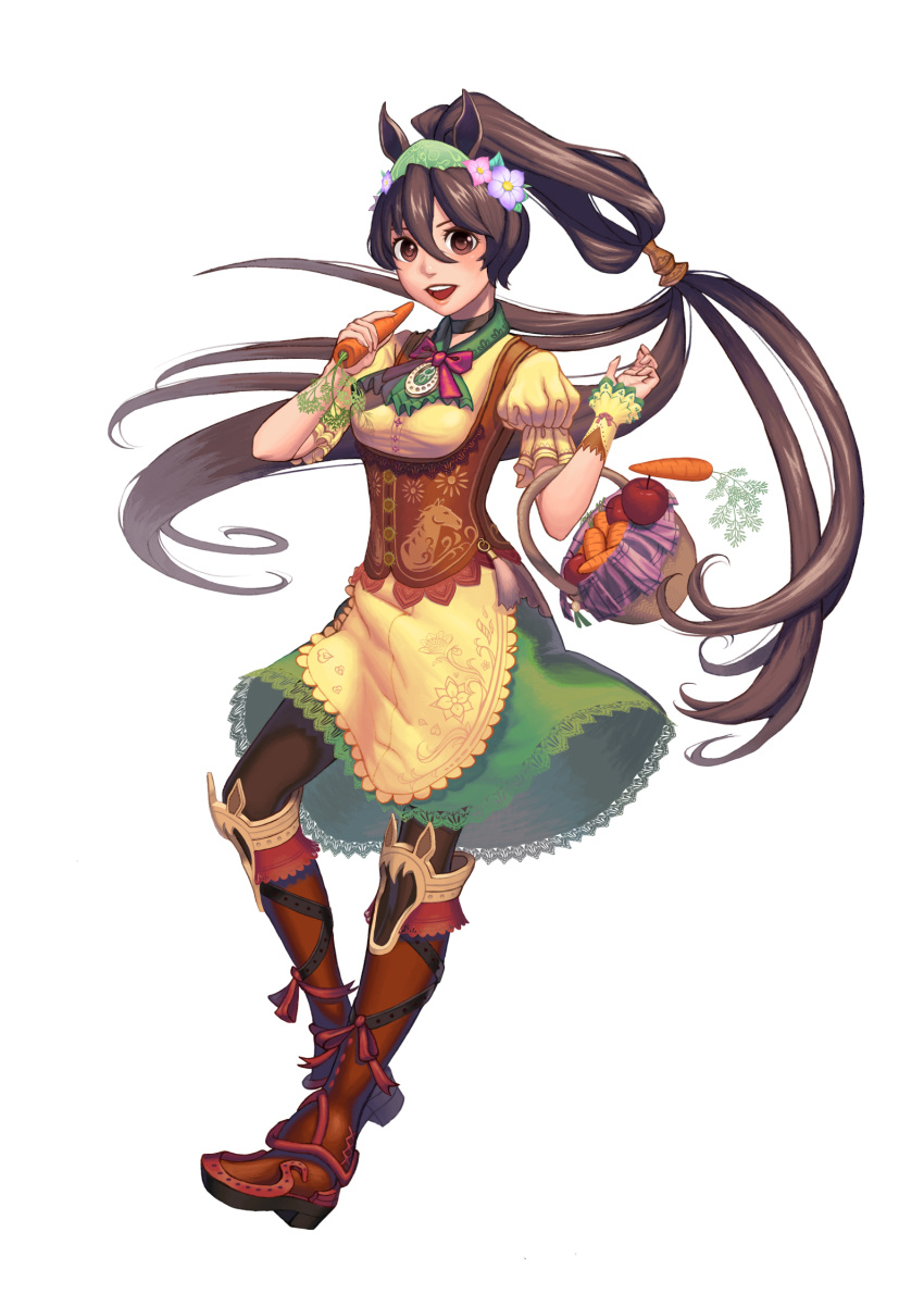 1girl, :d, animal_ears, apple, basket, brown_eyes, brown_footwear, brown_hair