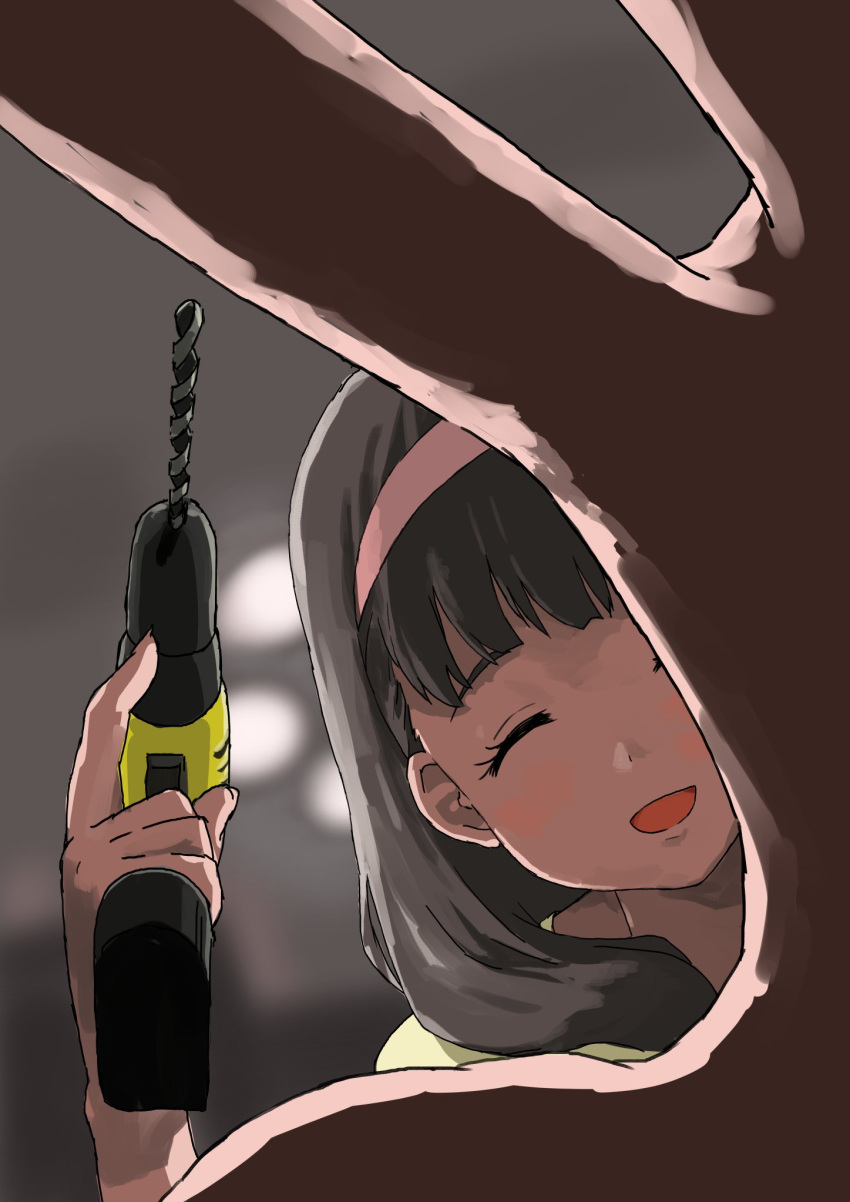 1girl, bangs, black_hair, closed_eyes, commentary_request, hairband, highres, idolmaster