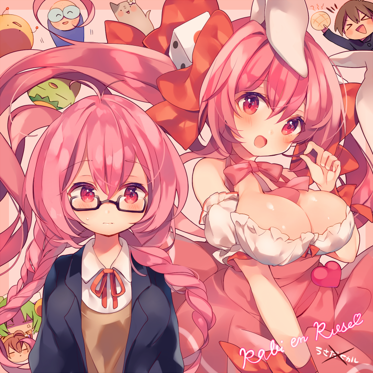 >_<, 2boys, 4girls, :d, :|, ahoge, ana_(rznuscrf), animal_ears
