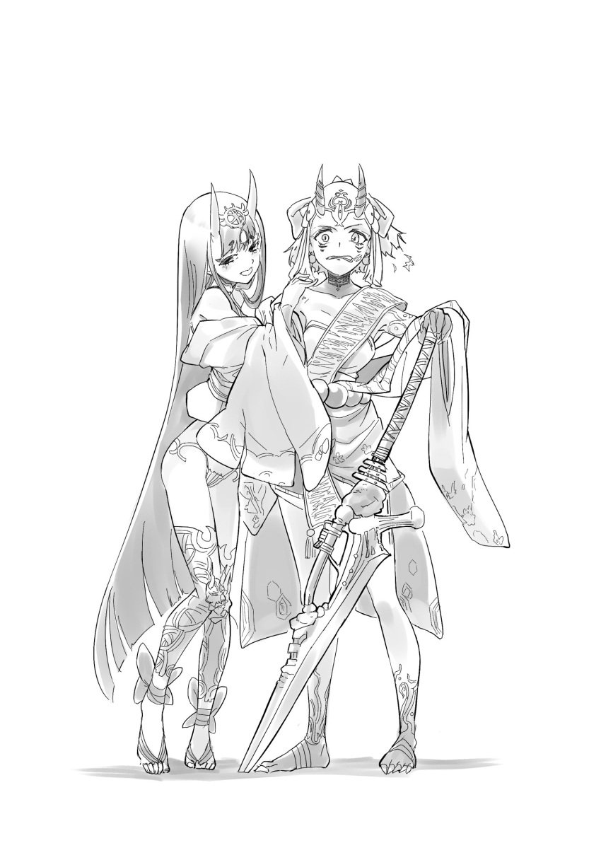 2girls, alternate_hairstyle, commentary_request, fate/grand_order, fate_(series), highres, ibaraki_douji_(fate/grand_order), japanese_clothes, kimono, kozy, long_hair, monochrome, multiple_girls, oni_horns, shuten_douji_(fate/grand_order), sword, very_long_hair, weapon