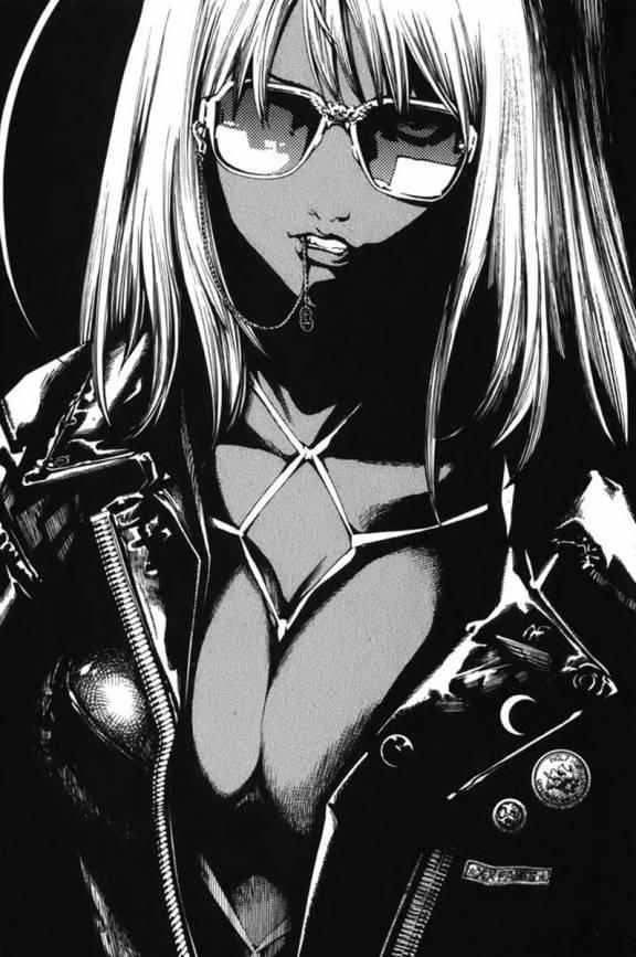 bondage, breasts, dark_skin, jacket, large_breasts, leather, monochrome, mouth_hold