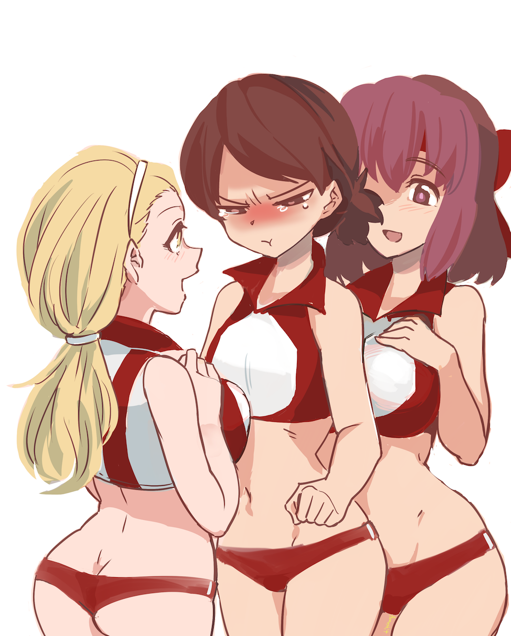 >:t, 3girls, :t, aomushi_(mushamusha), ass, bangs, blonde_hair, breast_envy