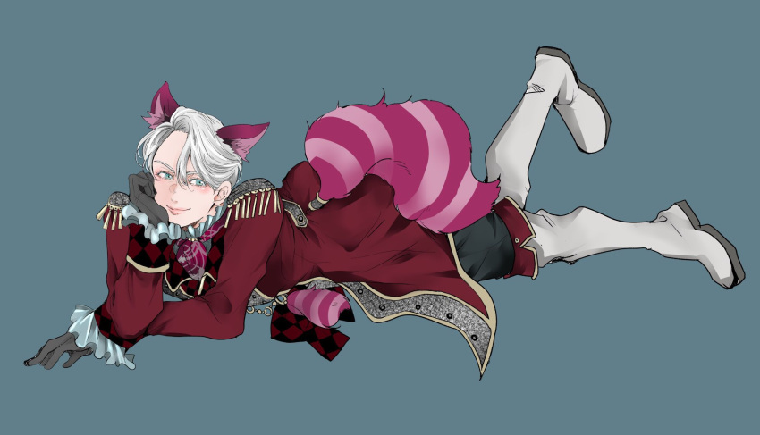 1boy, alice_in_wonderland, animal_ears, black_gloves, blue_eyes, boots, cat_ears, cat_tail, cheshire_cat, cheshire_cat_(cosplay), chin_rest, cosplay, epaulettes, gloves, highres, knee_boots, lying, male_focus, on_stomach, saeko_(artist), silver_hair, smile, tail, viktor_nikiforov, yuri!!!_on_ice
