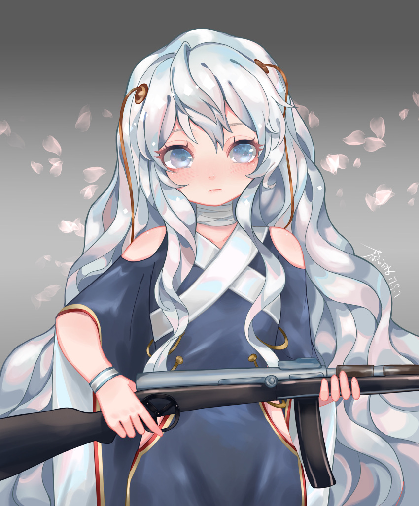 1girl, absurdres, blue_eyes, blush, cha_fen, closed_mouth, collarbone, dated, eyebrows, girls_frontline, gun, highres, holding, holding_gun, holding_weapon, long_hair, ribeyrolles_1918_(girls_frontline), silver_hair, solo, upper_body, weapon