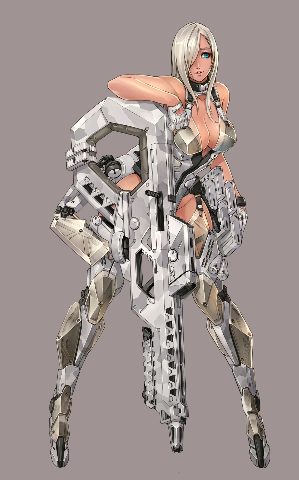 1girl, armor, blue_eyes, breasts, cyborg, full_body, garter_straps, gloves