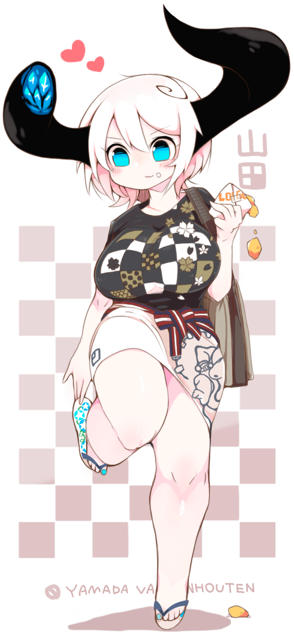 1girl, bag, blue_eyes, blush, breasts, broken_horn, commentary_request, food