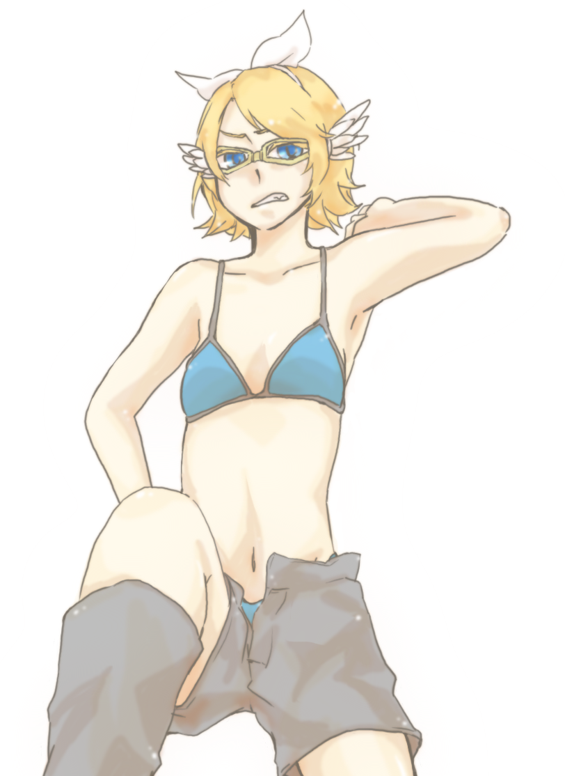 baggy_shorts, bikini_top, blonde_hair, bow, flat_chest, glasses, hair_bow, head_wings, headwings, kagamine_rin, laconia, midriff, noroi_no_glasses_(vocaloid), short_hair, toothy_grin, vocaloid