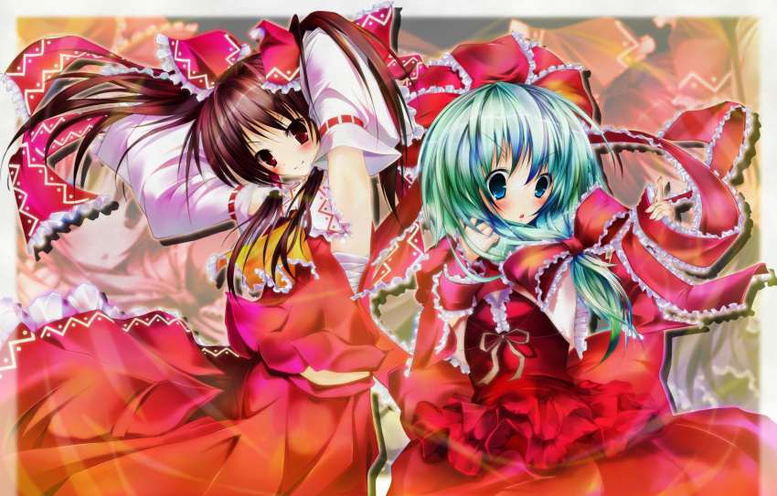 brown_hair, detached_sleeves, green_hair, hair_ribbon, hakurei_reimu, highres, kagiyama_hina, miko