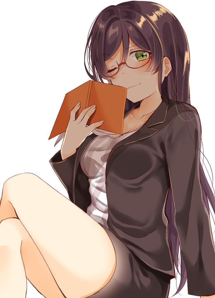 >;), 1girl, \||/, bespectacled, black_jacket, blush, book, breasts