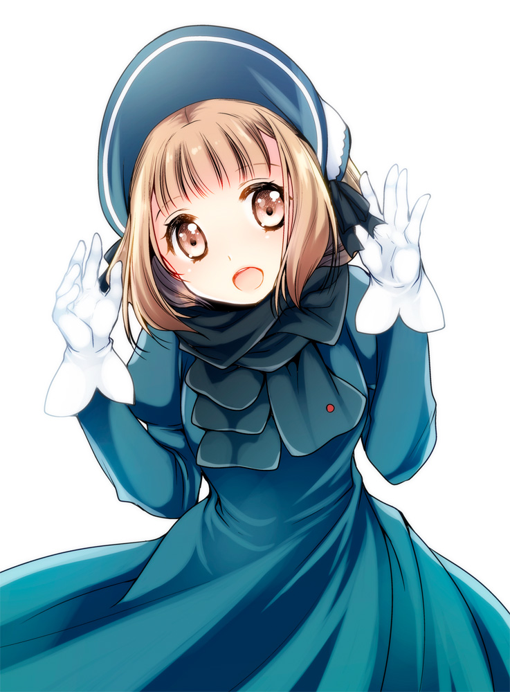 1girl, :d, arms_up, bangs, beatrice_(princess_principal), black_scarf, blue_dress, blue_hat