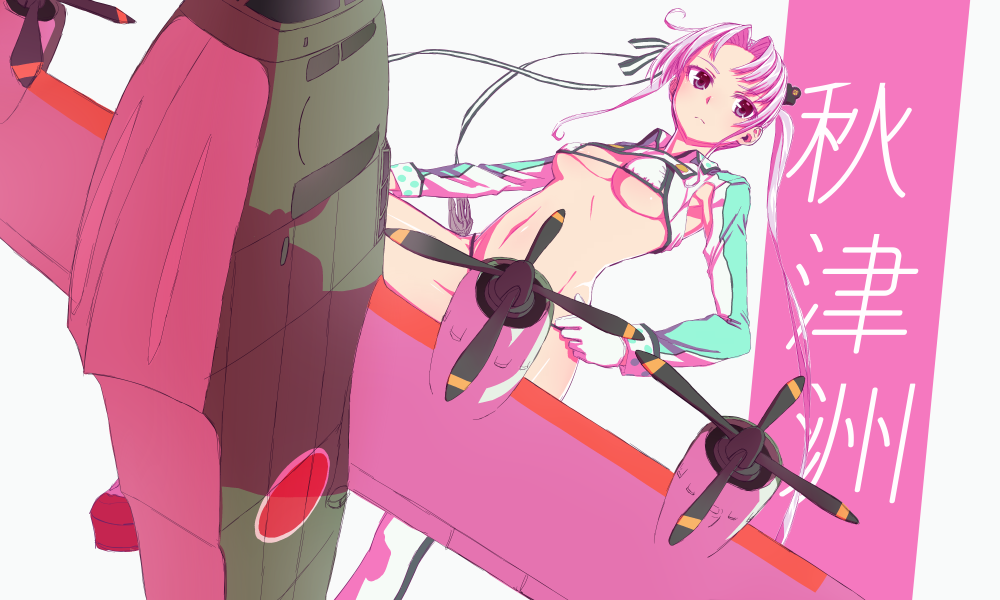 1girl, ahoge, aircraft, airplane, akitsushima_(kantai_collection), akitsushima_(seaplane_tender), alternate_costume, anchor, armpit_peek, blush, breasts, character_name, cleavage, closed_mouth, eyebrows_visible_through_hair, eyes_visible_through_hair, flying_boat, gloves, hair_ornament, hair_ribbon, hand_on_hip, hat, kantai_collection, long_hair, long_sleeves, looking_at_viewer, mini_hat, navel, purple_hair, ribbon, rudder_shoes, side_ponytail, sidelocks, solo, thigh-highs, thighs, tsurime, twintails, violet_eyes, wakou_(zassou_tamashi), white_gloves, y-string