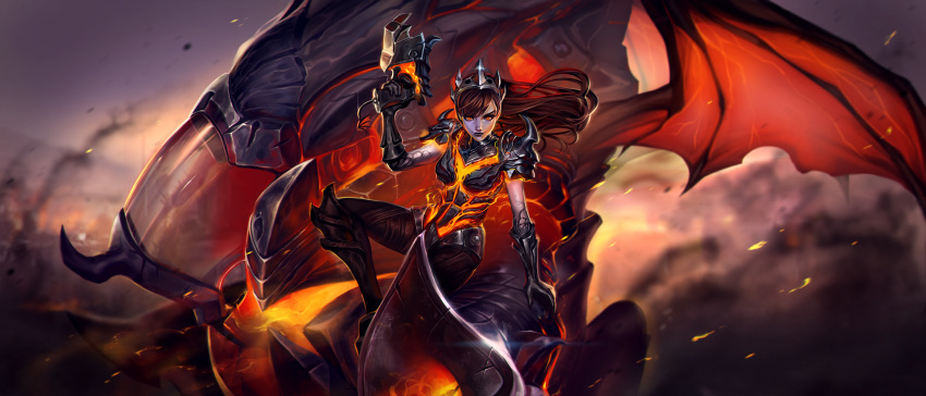 1girl, alternate_costume, armor, blizzard_(company), brown_hair, crown, d.va_(overwatch), d.va_the_destroyer, dark_persona, full_armor, glowing, glowing_eyes, gun, handgun, heroes_of_the_storm, highres, long_hair, meka_(overwatch), official_art, overwatch, solo, spikes, weapon