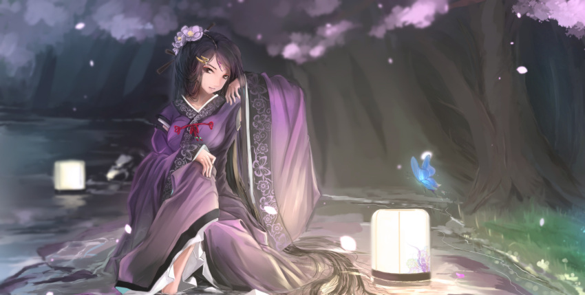 1girl, black_hair, brown_eyes, butterfly, cherry_blossoms, floating_lights, forest, highres