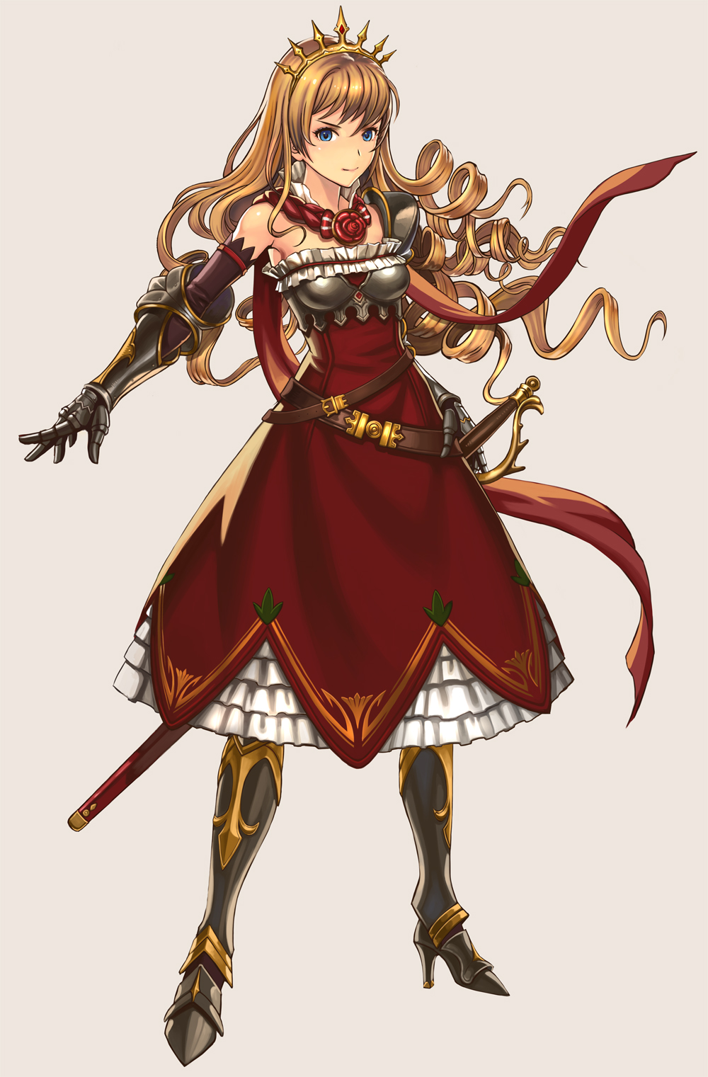1girl, armor, bare_shoulders, blonde_hair, blue_eyes, blush, breasts, closed_mouth, drill_hair, drill_locks, eyebrows, full_body, highres, long_hair, looking_at_viewer, medium_breasts, original, smile, solo, standing, sword, weapon, why_(whyminky)