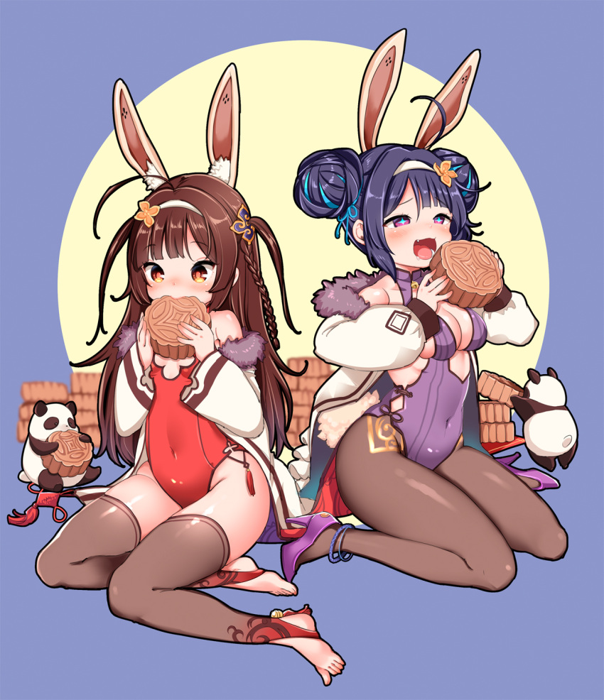 2girls, animal_ears, azur_lane, barefoot, black_hair, black_legwear, blush, braid, breasts, brown_eyes, brown_hair, cleavage, coat, covered_navel, double_bun, drooling, eating, fang, feet, flat_chest, flower, food, hair_bun, hair_flower, hair_ornament, hairband, high_heels, highres, holding, leotard, long_hair, medium_breasts, mojarin_(kihara_mojarin), multiple_girls, ning_hai_(azur_lane), off_shoulder, open_mouth, panda, pantyhose, ping_hai_(azur_lane), purple_leotard, rabbit_ears, red_leotard, shoes, sitting, smile, star-shaped_pupils, symbol-shaped_pupils, thigh-highs, toes, twintails, two_side_up, violet_eyes, white_coat