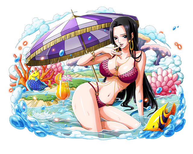 1girl, arm_support, bikini, black_hair, blue_eyes, boa_hancock, bodskih, breasts