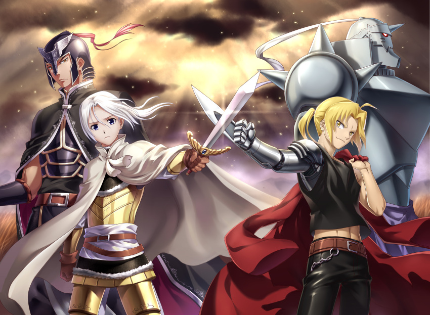 4boys, absurdres, ahoge, alphonse_elric, armor, arslan, arslan_senki, belt