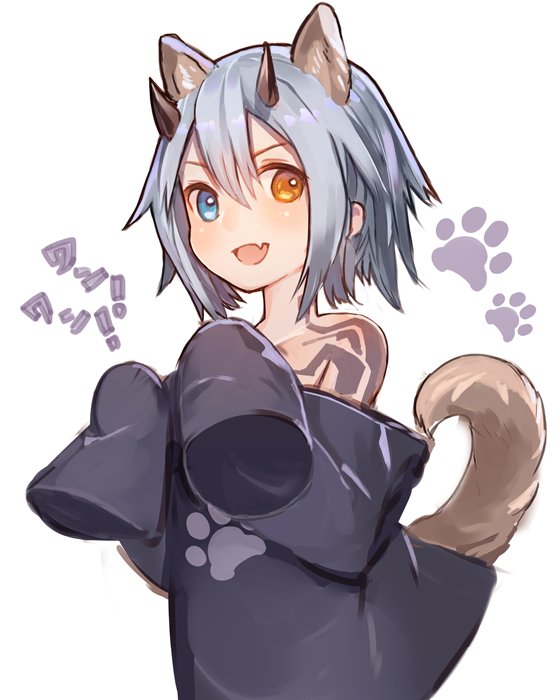 1girl, animal_ears, blue_eyes, blue_hair, dog_ears, dog_girl, dog_tail, fang