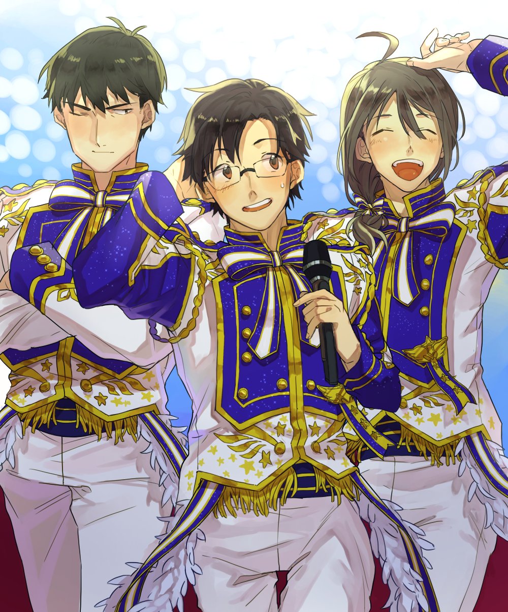 3boys, ahoge, alternate_costume, beady_eyes, black_eyes, black_hair, brown_eyes, brown_hair