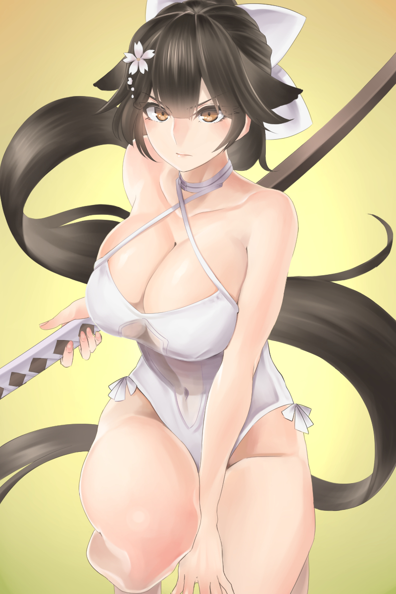 1girl, azur_lane, bangs, between_legs, black_hair, bow, breasts, brown_eyes