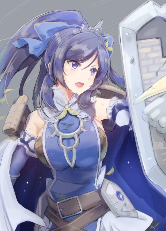 1girl, bare_shoulders, belt, blue_hair, breasts, caernarfon_(oshiro_project), cape, detached_sleeves, holding, kamaboko_red, large_breasts, long_hair, looking_to_the_side, open_mouth, oshiro_project, oshiro_project_re, ponytail, shield, solo, tiara