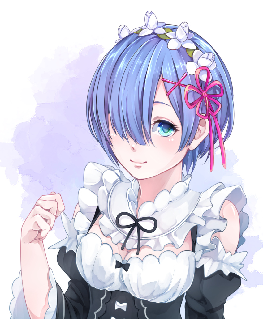 1girl, blue_eyes, blue_hair, breasts, cleavage, detached_sleeves, frills, hair_ornament