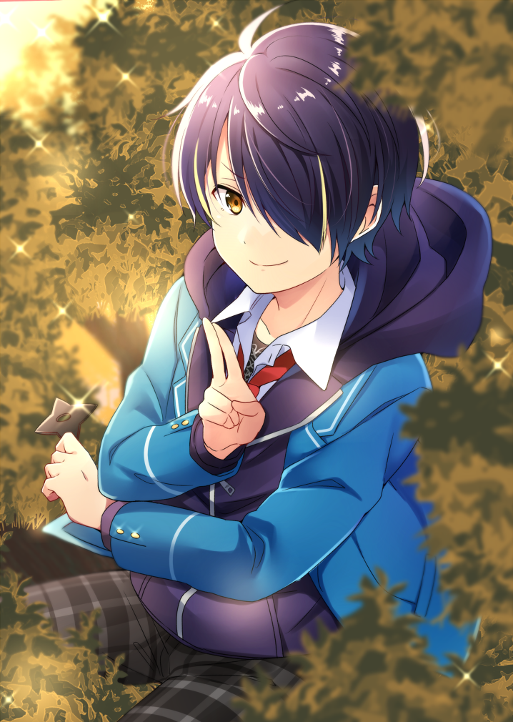 1boy, bush, checkered_pants, collarbone, ensemble_stars!, hair_over_one_eye, holding, holding_weapon
