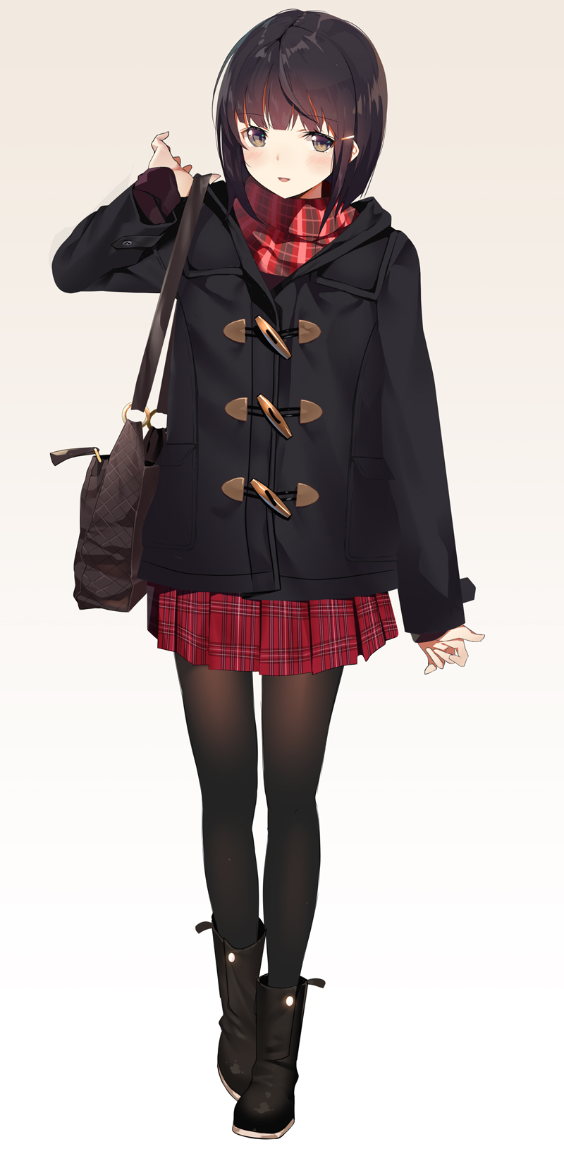 1girl, bangs, black_footwear, black_legwear, duffel_coat, fashion, full_body, gradient