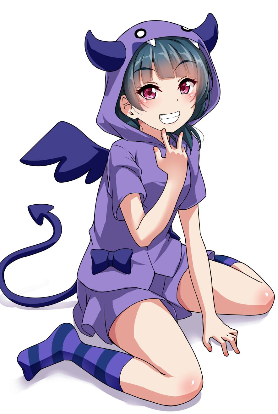 1girl, bangs, between_legs, blue_hair, blunt_bangs, blush, bow, commentary_request