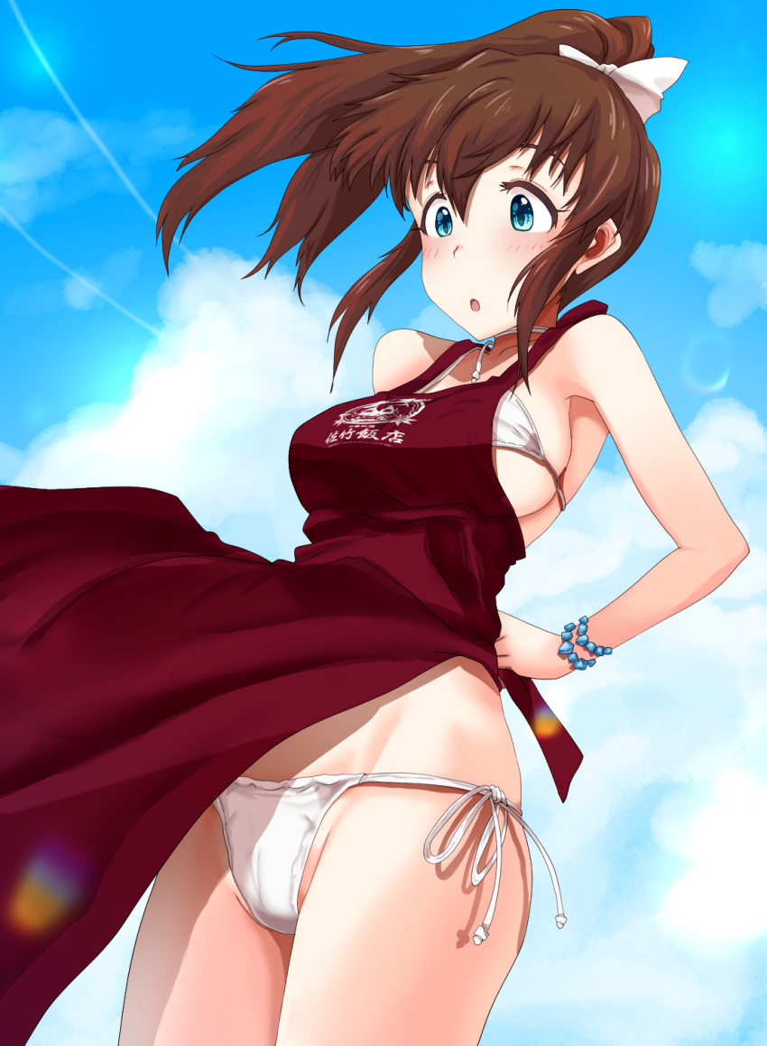 1girl, :o, apron, arms_behind_back, bare_arms, bare_shoulders, bikini, bikini_under_clothes
