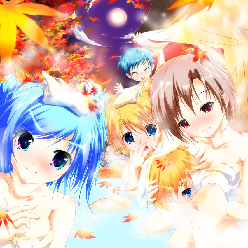aqua_hair, bath, bathing, blonde_hair, blue_eyes, blush, breasts, brown_hair