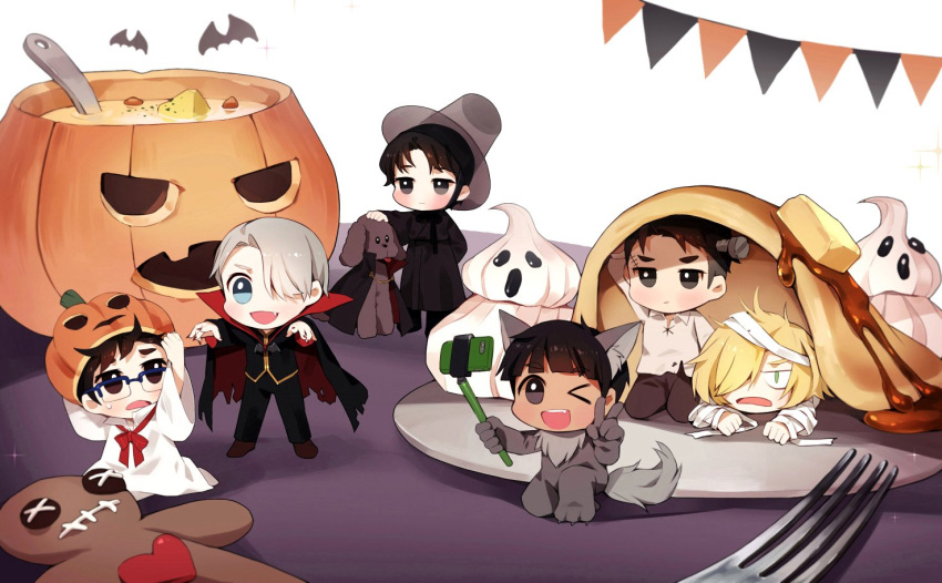 6+boys, animal_costume, bandage, bat, black_hair, blonde_hair, blue-framed_eyewear, blue_eyes