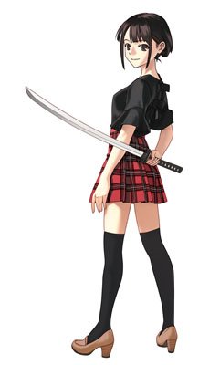 akamatsu_ken, black_eyes, black_hair, black_legwear, commentary_request, high_heels, katana, looking_at_viewer, lowres, official_art, ogura_yui, pleated_skirt, seiyuu_connection, skirt, sword, thigh-highs, uq_holder!, weapon