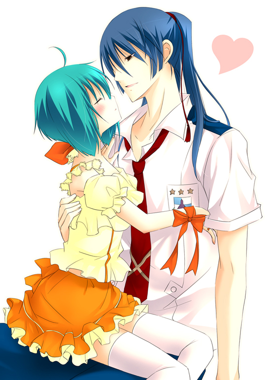 dress, green_hair, kiss, long_hair, macross, macross_frontier, nicolla, orange_dress, ranka_lee, saotome_alto, thighhighs, vanilla_(nicolla)