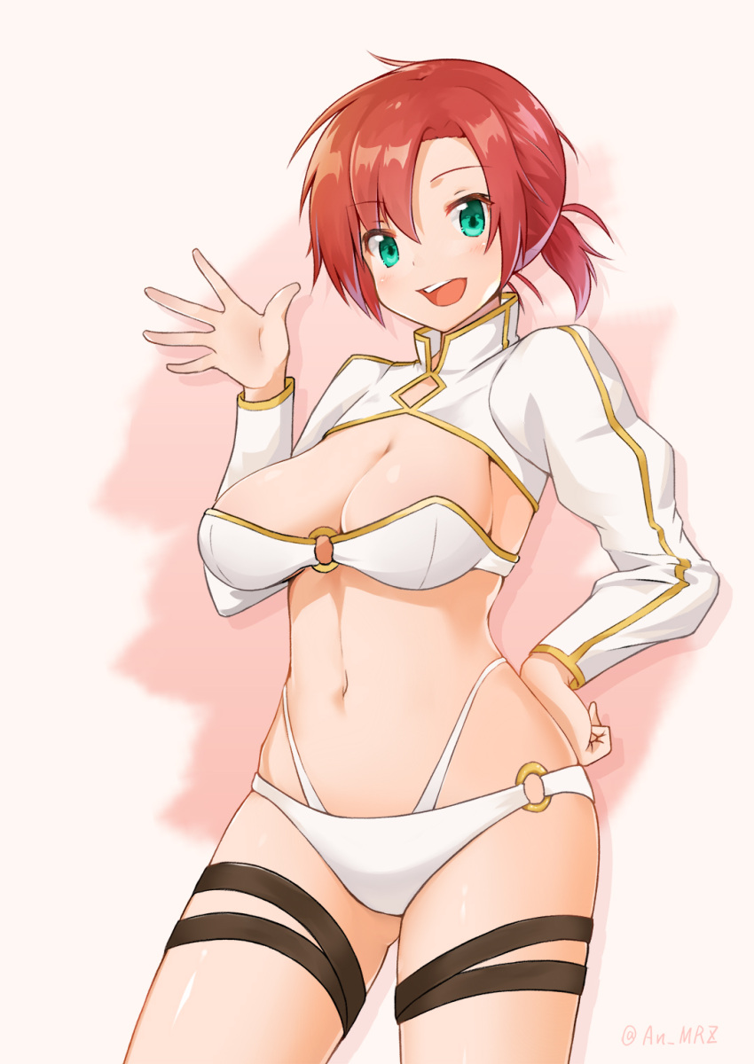 1girl, :d, asymmetrical_bangs, bandeau, bangs, bikini, blush, boudica_(fate/grand_order), breasts, cleavage, cowboy_shot, eyebrows_visible_through_hair, fate_(series), hand_on_hip, hand_up, highres, large_breasts, legs_apart, long_sleeves, looking_at_viewer, mitsumori_(an_mrz), navel, o-ring, o-ring_bottom, o-ring_top, open_mouth, parted_bangs, ponytail, short_hair, sidelocks, smile, solo, standing, swimsuit, teeth, twitter_username, white_bikini