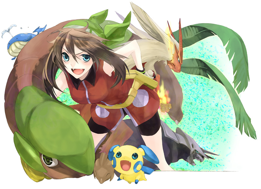 1girl, aggron, alternate_costume, bad_id, bandana, bare_shoulders, beanie, bent_over