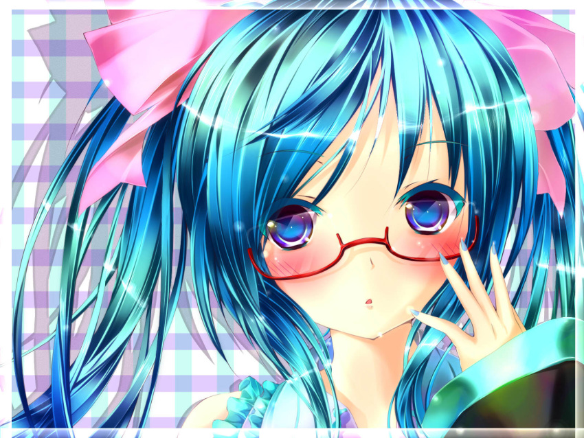 aqua_eyes, aqua_hair, bespectacled, blush, detached_sleeves, face, glasses, hair_ribbon