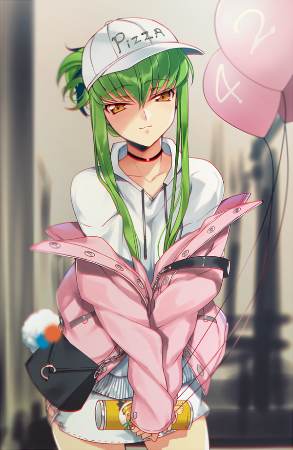 1girl, :3, bag, balloon, c.c., choker, closed_mouth, clothes_writing