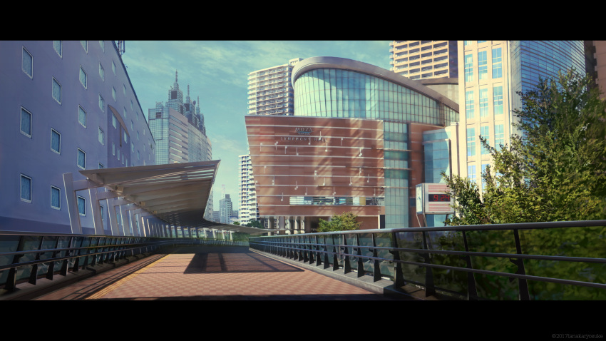 2017, artist_name, bridge, building, city, clock, clouds, commentary, highres, kanagawa, letterboxed, no_humans, original, real_world_location, scenery, shadow, sky, tanaka_ryosuke, tree
