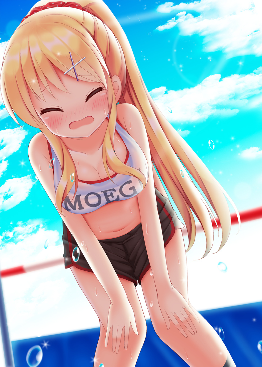 1girl, alternate_hairstyle, black_legwear, black_shorts, blonde_hair, blurry, blush, breasts