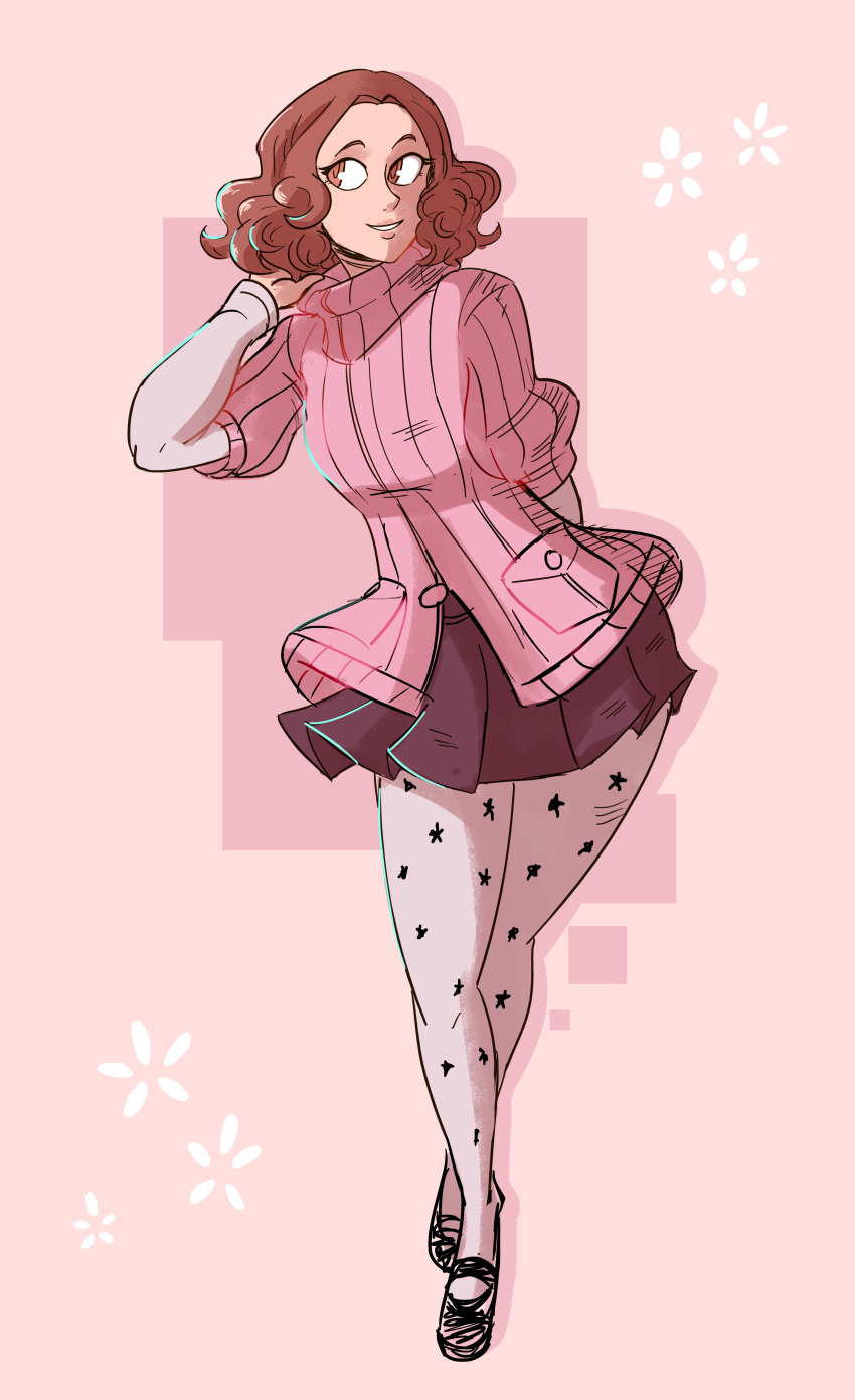 1girl, absurdres, brown_eyes, brown_hair, floral_print, highres, mary_janes, okumura_haru