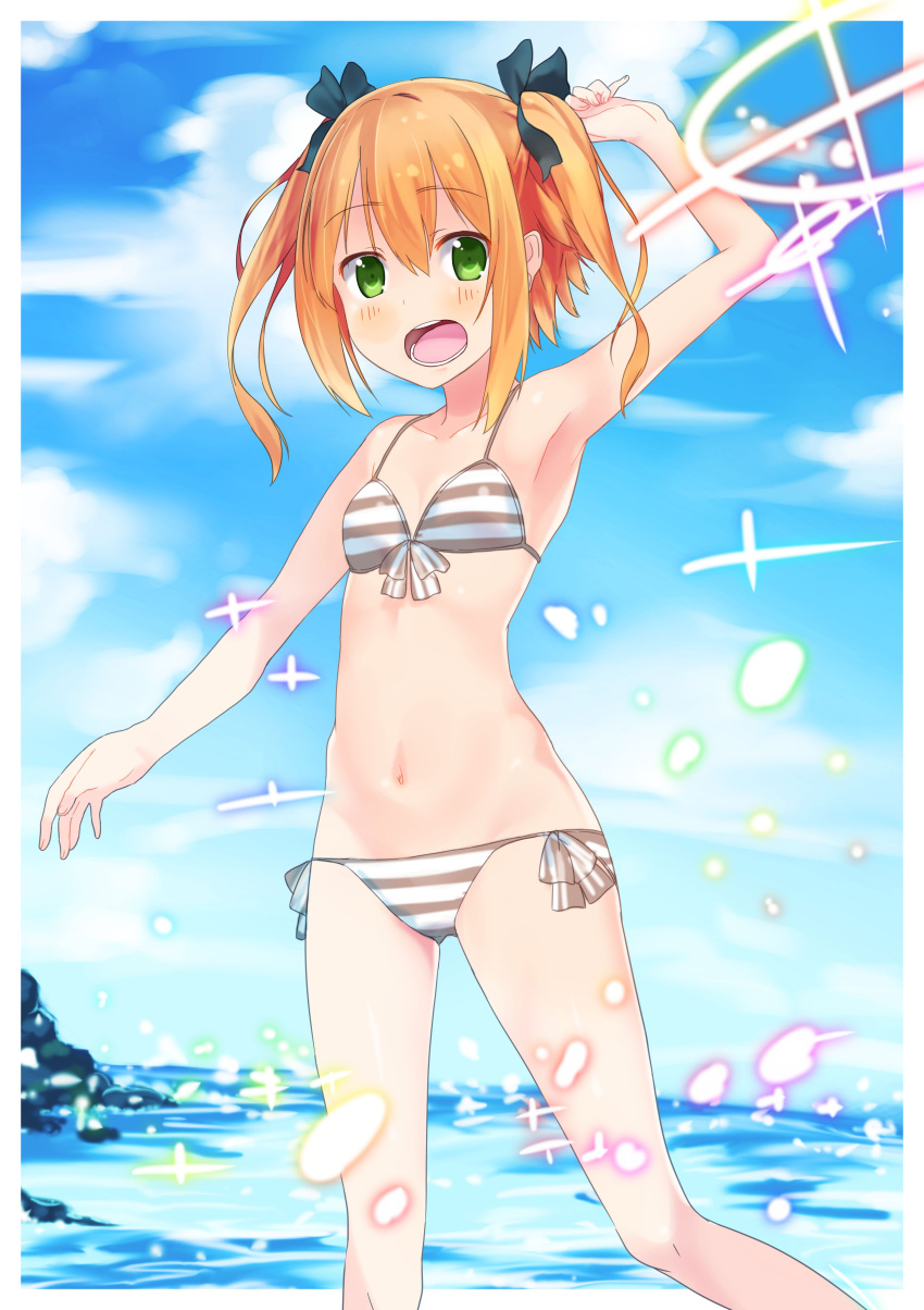 1girl, absurdres, arm_up, bangs, beach, bikini, black_ribbon, breasts