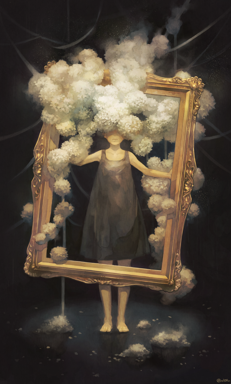 1girl, abstract, barefoot, black_background, black_dress, child, collarbone, commentary, covered_face, dark, dress, expressionless, flower, highres, holding, light_particles, original, picture_frame, sleeveless, sleeveless_dress, solo, twitter_username, yoshioka_(haco)