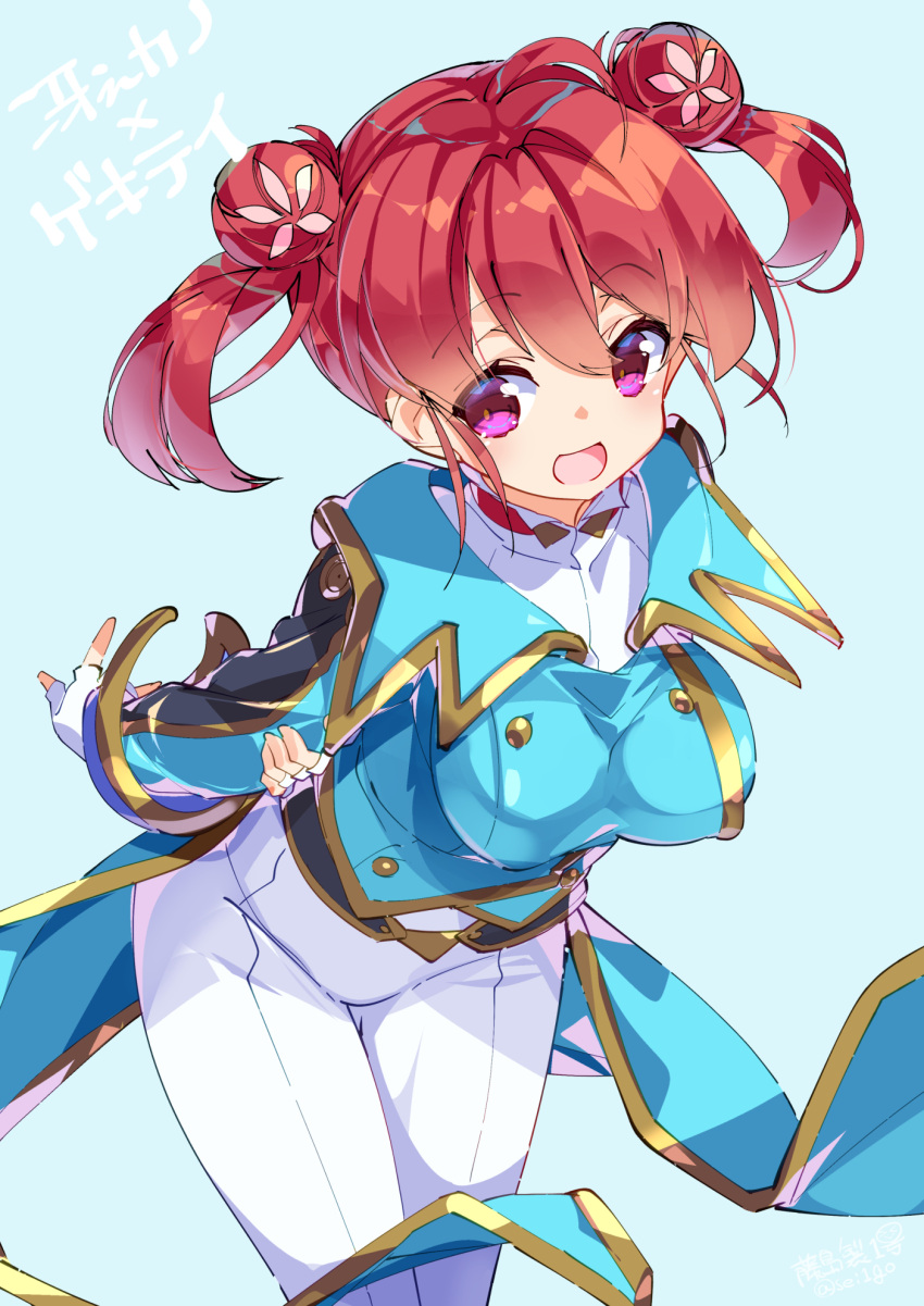 1girl, :d, arm_behind_back, blue_background, blue_shirt, cosplay, cowboy_shot, double_bun