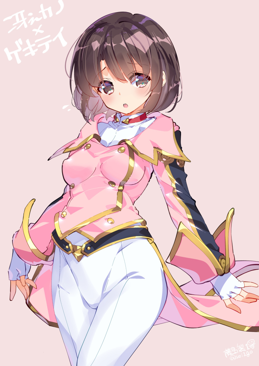 1girl, :o, bangs, belt, brown_eyes, brown_hair, commentary_request, cosplay