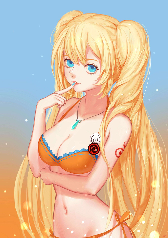1girl, bangs, bikini, blonde_hair, blue_eyes, blue_nails, breasts, cleavage