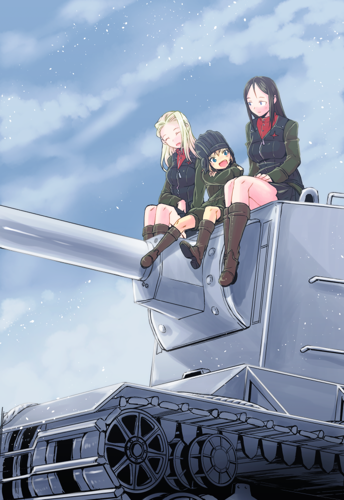 3girls, bangs, black_footwear, black_hair, black_skirt, black_vest, blonde_hair, blue_eyes