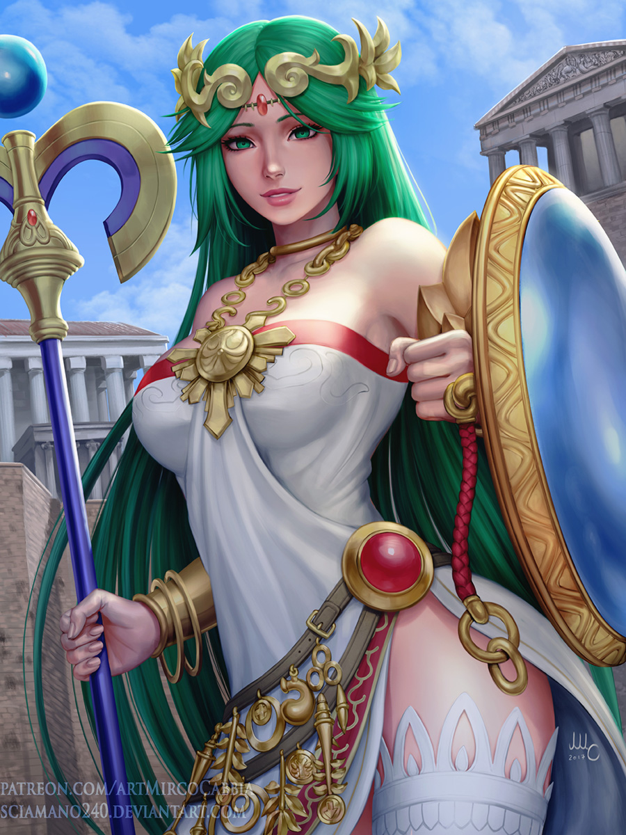 1girl, bare_shoulders, bracelet, choker, deviantart_username, dress, green_eyes, green_hair