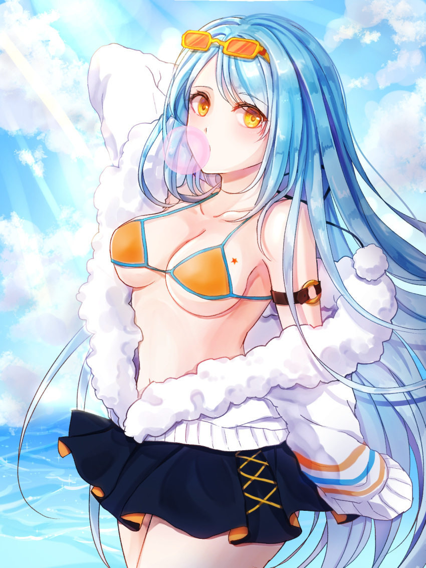 1girl, arm_up, bangs, bare_shoulders, bikini_top, black_skirt, blue_hair, blue_sky, blush, breasts, bubble_blowing, chewing_gum, cleavage, clouds, collarbone, day, eyewear_on_head, ferrel_(rocher_71), fur-trimmed_jacket, fur_trim, girls_frontline, hands_in_sleeves, highres, jacket, light_rays, long_hair, long_sleeves, looking_at_viewer, m249_saw_(girls_frontline), medium_breasts, miniskirt, o-ring, ocean, open_clothes, open_jacket, orange_bikini_top, outdoors, skirt, sky, solo, sunbeam, sunlight, swept_bangs, tareme, very_long_hair, water, white_jacket, yellow-framed_eyewear, yellow_eyes